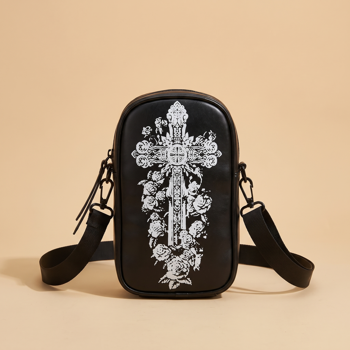 Boo Bags Midnight Cross crossbody phone bag, black with white baroque cross and roses print