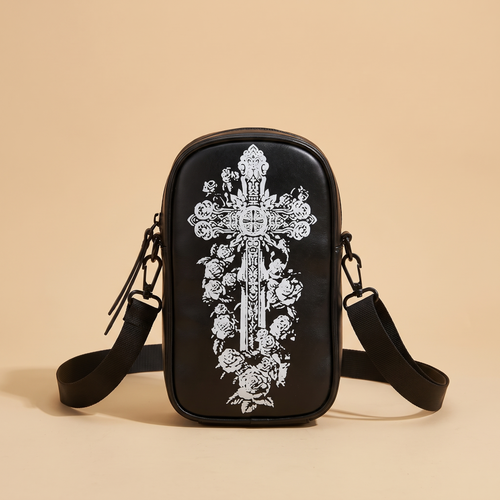 Boo Bags Midnight Cross crossbody phone bag, black with white baroque cross and roses print