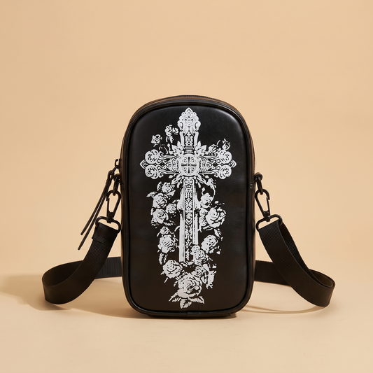 Boo Bags Midnight Cross crossbody phone bag, black with white baroque cross and roses print