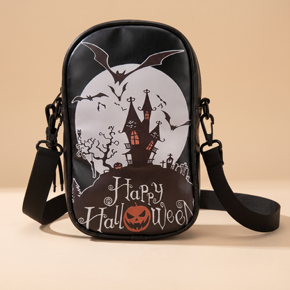 Boo Bags Haunted Castle crossbody phone bag, black with bats over a full moon and haunted house